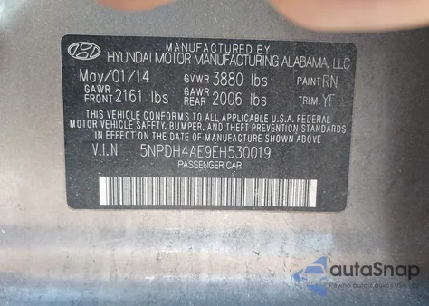 2014 Hyundai Elantra Se z USA, uszkodzony, nr VIN 5NPDH4AE9EH530019